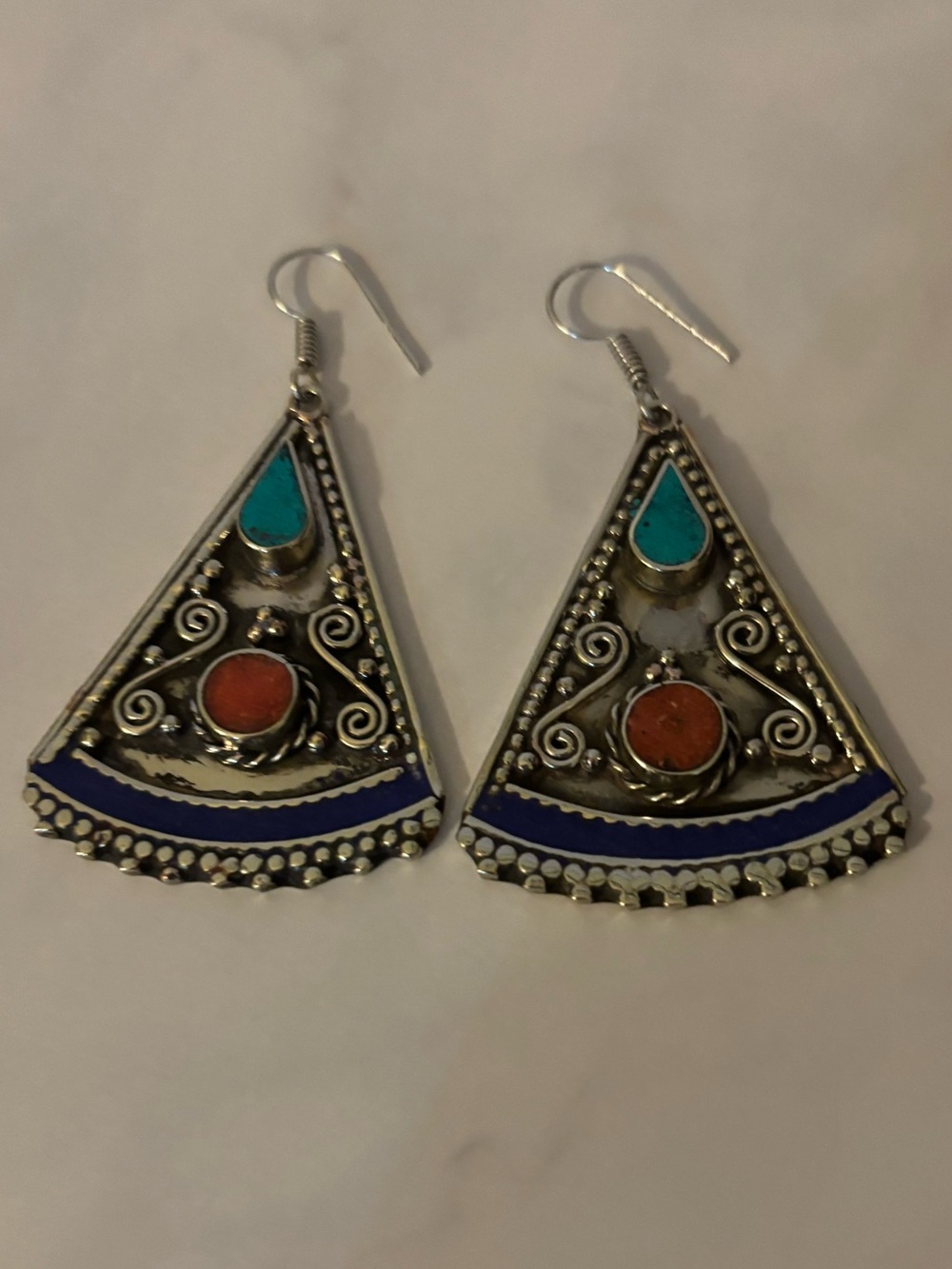 Bohemian Triangle Drop Earrings with Turquoise, Lapiz Lazuli & Coral Accents